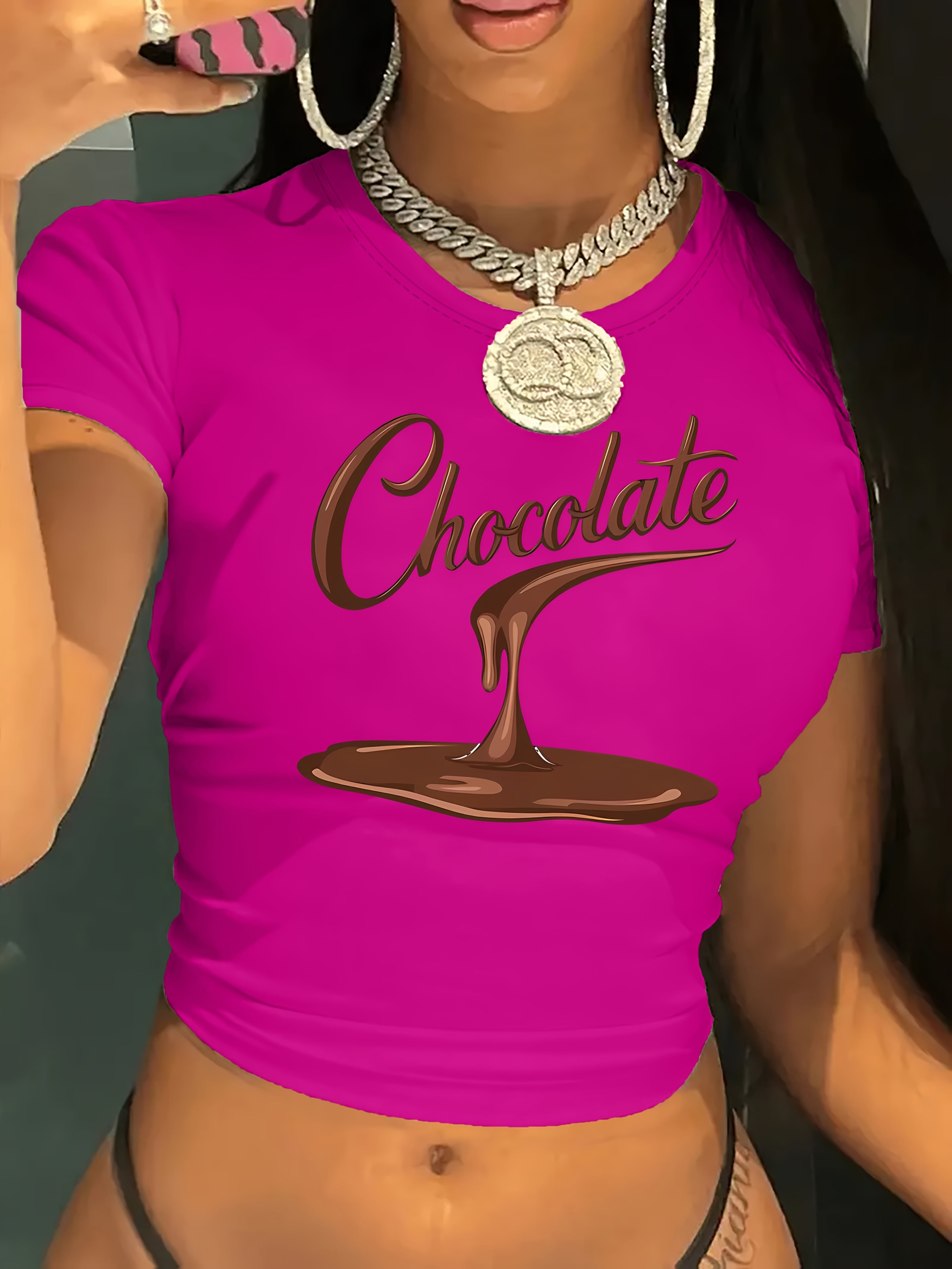 Women'S Y2K-Inspired "Chocolate" Graphic Tee - Black Short Sleeve Crew Neck T-Shirt with Playful Design, Perfect for Spring & Summer, Casual Wear|Chocolate Theme|Short Sleeve Shirt